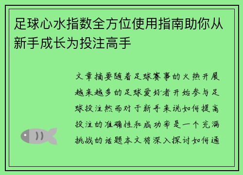 足球心水指数全方位使用指南助你从新手成长为投注高手 足球心水指数全方位使用指南助你从新手成长为投注高手