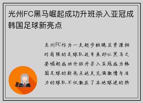 光州FC黑马崛起成功升班杀入亚冠成韩国足球新亮点