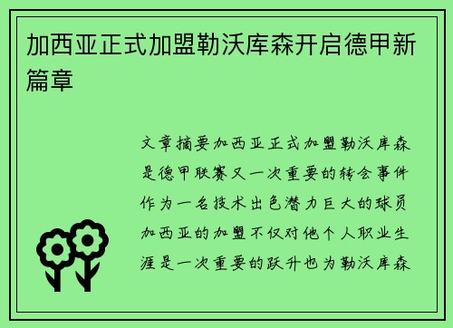 加西亚正式加盟勒沃库森开启德甲新篇章