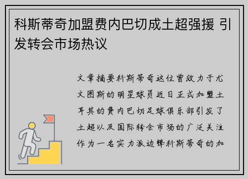 科斯蒂奇加盟费内巴切成土超强援 引发转会市场热议