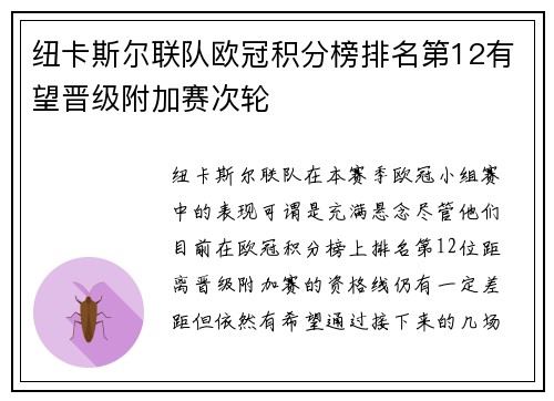 纽卡斯尔联队欧冠积分榜排名第12有望晋级附加赛次轮
