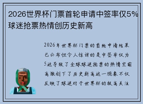 2026世界杯门票首轮申请中签率仅5%球迷抢票热情创历史新高