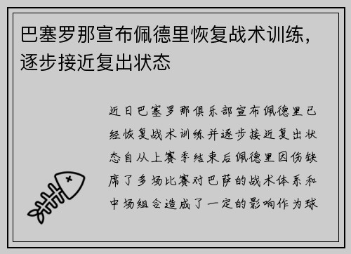 巴塞罗那宣布佩德里恢复战术训练，逐步接近复出状态