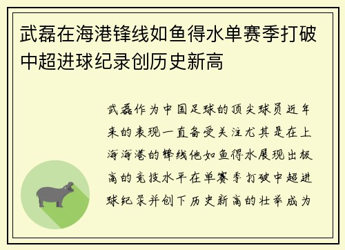 武磊在海港锋线如鱼得水单赛季打破中超进球纪录创历史新高